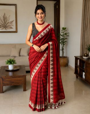 Red Organic Pure Handloom Cotton Saree From Bengal | Soft Lightweight Traditional Saree for Women