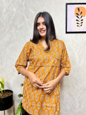 Drak Yellow Pure Handloom Printed Kurti From Bengal