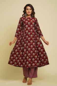 MAROON PRINTED ROUND NECK C0-ORD SET