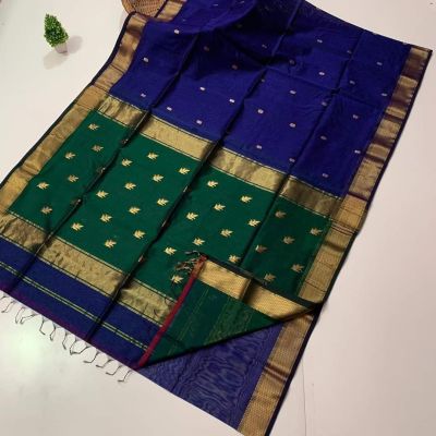 Blue Green Pure Handloom Maheshwari Silk Cotton Saree From Bengal
