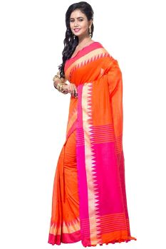 Orange Pink Pure Handloom Cotton From Bengal Saree