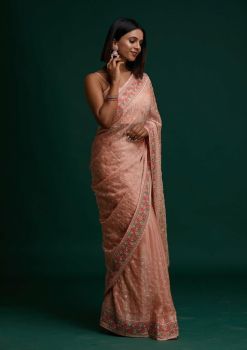 Light Peach Flower Design Cross Stitch Thread Work Georgette Silk Saree