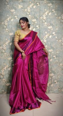 Raspberry Pure Handloom Tissue Silk Saree From Bengal