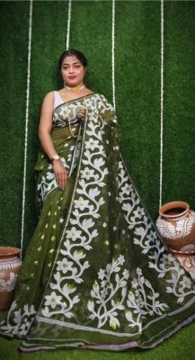 Mehandi Green Pure Handloom Dhakai Jamdani Saree From Bengal