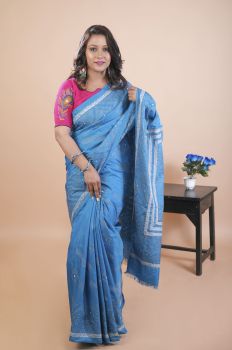 Sky Blue Pure Handloom Katha Stitch Saree From Bengal