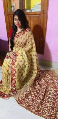 Cream Pure Handloom Dhakai Jamdani Saree From Bengal