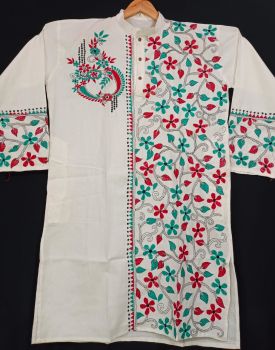 White Pure Handloom Kantha Stitch Punjabi Kurta From Bengal