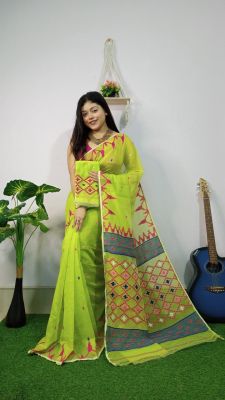 Lemon Green Pure Handloom Dhakai Jamdan Saree From Bengal