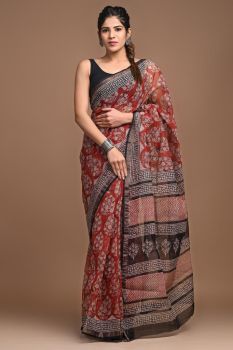 Rosy Finch Hand Block Kota Doriya Printed Leaf Design Saree