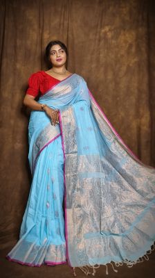 Sky Blue Pure Handloom Banarasi Silk Saree From Bengal