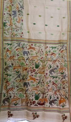 Off White Pure Handloom Kantha Silk Saree From Bengal