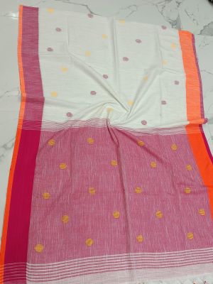 White Pink Pure Handloom Cotton Saree From Bengal