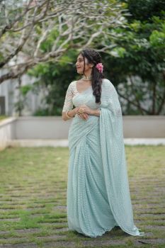 Sea Blue Zig Zag Embroidery Sequence Work Soft Georgette Saree