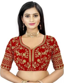 Red Velvet Cording Embroidery Work & Diamond Work Blouse