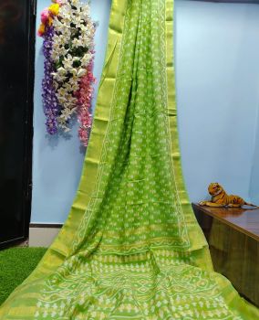 Light Green Hand Block Printed Pure Handloom Chiffon Silk Saree