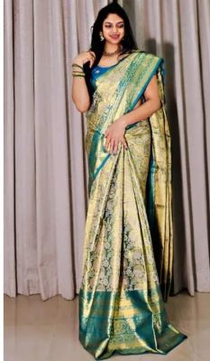 Golden Sea Blue Pure Handloom Banarasi Silk Saree From Banaras