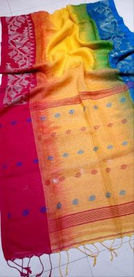 Multi Colour Pure Handloom Linen By Linen Saree From Bengal