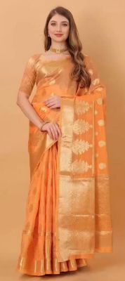 Sunrise Orange Pure Handloom Chanderi Silk Saree From Banaras