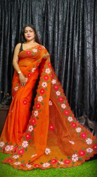 Orange Flower Design Pure Handloom Resham Kota Saree
