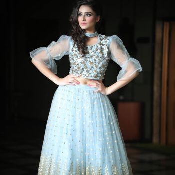 PUFF SLEEVE CROP TOP WITH RUFFLED SKIRT LEHENGA