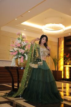 Embellished Crop Top With Multi Ruffled Tulle Skirt And Umbre Dupatta