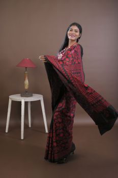 Black Pure Handloom Katha Stitch Saree From Bengal