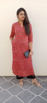 Red Blockprint Chinese collar kurti