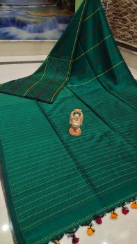 Bottle Green Stripes Pure Handloom Cotton Saree