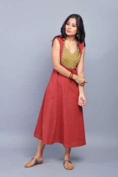 Brick Red A-line Hand Embroidered Cotton Kurta/Dress