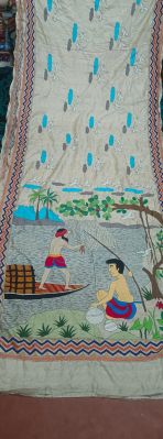 Off White Pure Handloom Kantha Silk Saree From Bengal