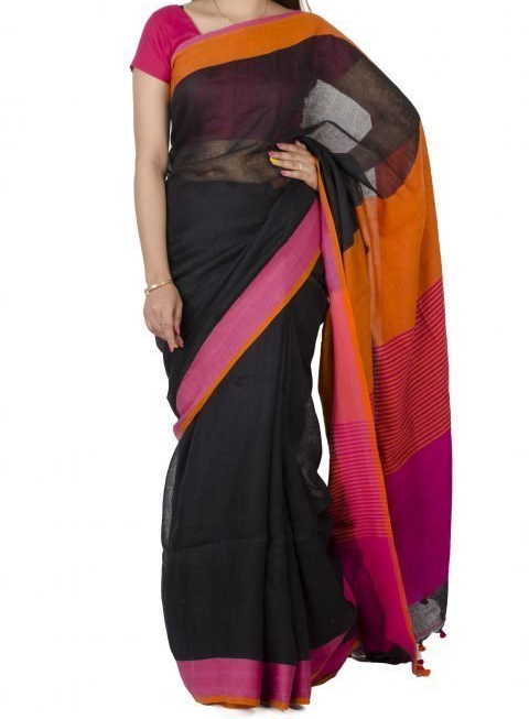 Black & Pink Plain Hand Woven Linen Saree
