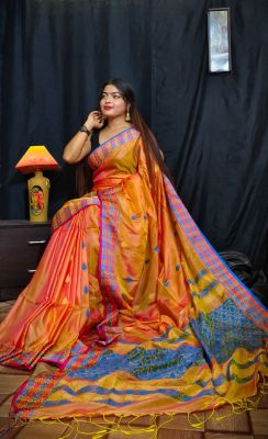 Red Orange Pure Handloom Silk Saree From Bengal