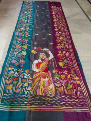Multi Colour Pure Handloom Kantha Silk Saree From Bengal