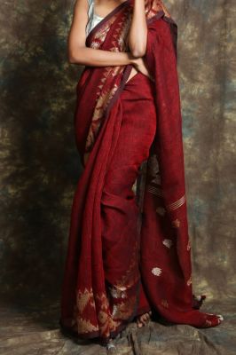 Red Wine Pure Handloom Linen By Linen Saree From Bengal