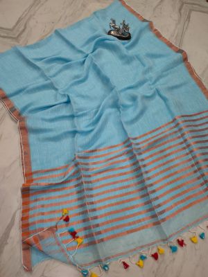 Light Sky Blue Pure Handloom Linen By Linen Saree From Bengal