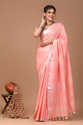 Rose Pink Pure Handloom Linen By Linen Saree From Bengal