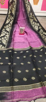 Pink Black Pure Handloom Linen By Linen Saree From Bengal