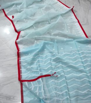 Sky Blue Pure Handloom Resham Cotton Saree From Bengal