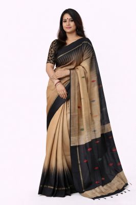 Rust Black Ikkat Silk Cotton Pure Handloom Saree From Bengal