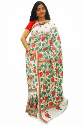 White Pure Handloom Kantha Stitch Saree From Bengal