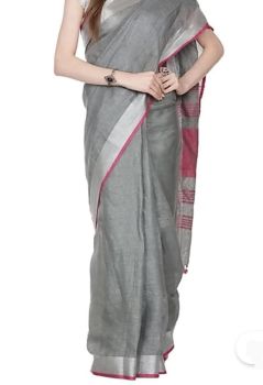 Grey & Maroon Plain Hand Woven Linen Saree