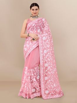 Light Pink Flower Thread Work Soft Net Saree