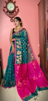 Deep Sea Blue Pure Handloom Silk Cotton Flower Design Saree