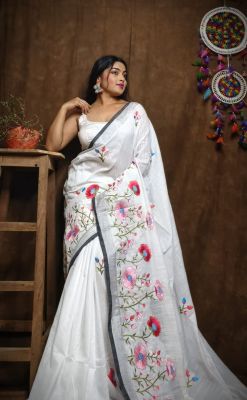White Pure Handloom Silk Cotton Saree From Bengal