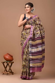 Cream Pure Handloom Linen Cotton Saree From Bihar