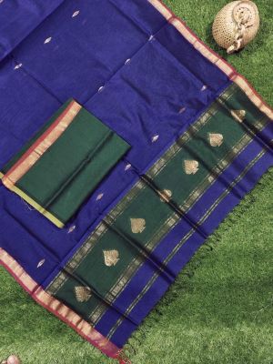 Royal Blue Pure Handloom Maheshwari Silk Cotton Saree From Bengal