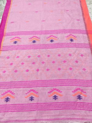 Pink Pure Handloom Linen By Linen Saree From Bengal