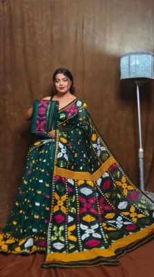 Bottle Green Pure Handloom Dhakai Jamdani Saree From Bengal
