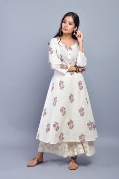 Cream Block Printed Cotton Kurta