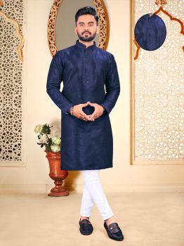 Men Dark Blue Grey Silk Embroidery Work Neck Pattern kurta